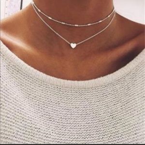 2 Layer Silver Tone Heart Chain Necklace Choker